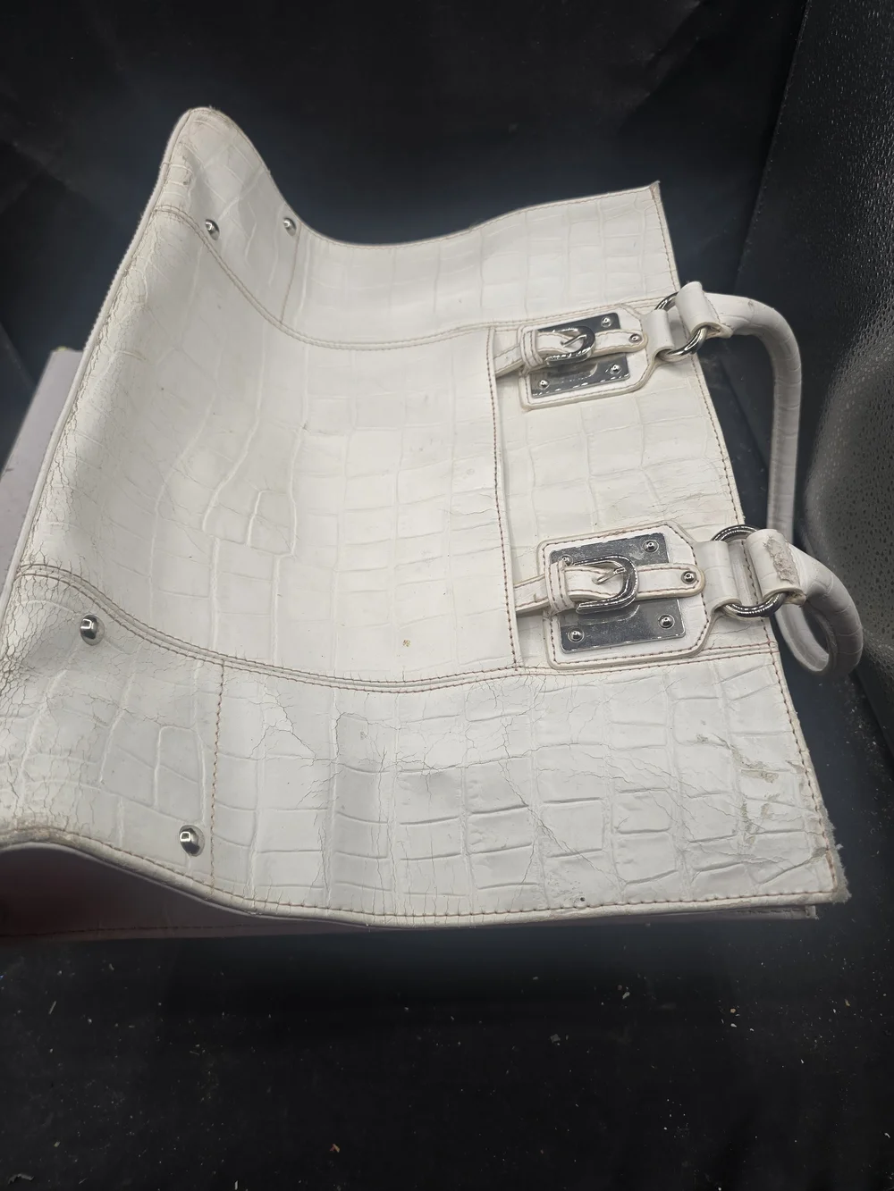 Wilsons Leather White Croc-Embossed Satchel with Silver Hardware